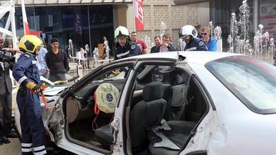 Dubai Police carry out a live rescue demonstration introducing Corodex Agencies’ cutting-edge rescue tools and technology at Intersec at the Dubai World Trade centre in Dubai. Satish Kumar / The National
