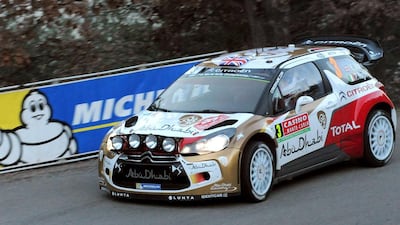 Kris Meeke steers his Citroen DS3 during the shakedown of the Monte Carlo Rally in Chateauvieux, southeastern France on Wednesday. Jean-Pierre Clatot / AFP