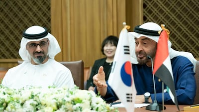Sheikh Mohamed bin Zayed and Maj Gen Sheikh Khaled bin Mohamed, Deputy National Security Adviser, at the meeting with Moon Hee-sang