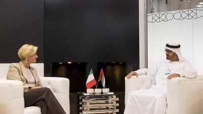 The Crown Prince of Abu Dhabi met with Roberta Pinotti, Minister of Defence of Italy, left, during the Dubai Airshow on Sunday. Ryan Carter / Crown Prince Court - Abu Dhabi
