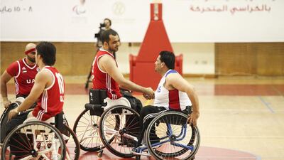 The UAE's men's wheelchair basketball team in action against Jordan at Al Ahli Sports Club in Dubai. Lee Hoagland / The National