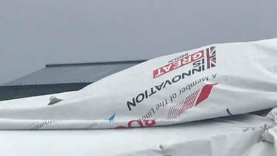 The collapsed airship Airlander 10 is seen in Bedfordshire, Britain. Rob Fletcher / via Reuters
