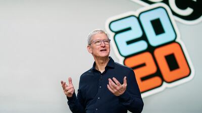 In this photo provided by Apple Inc., CEO Tim Cook delivers the keynote address during the 2020 Apple Worldwide Developers Conference , in Cupertino, Calif. AP