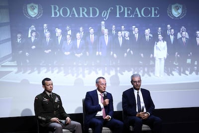US military officer Maj Gen Jasper Jeffers, high representative for Gaza under the Board of Peace, Nickolay Mladenov, and Palestinian civil engineer Ali Shaath speak during an open session in New York last month. AFP