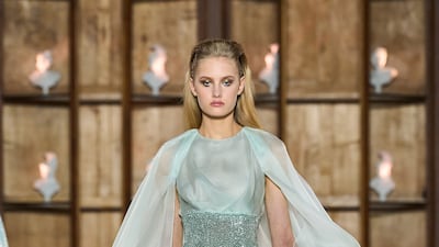A beaded dress is softened with an overlayer of chiffon, at Rami Al Ali spring 2023 couture. Photo: Rami Al Ali