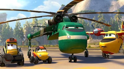 From left, Blackout, voiced by Danny Pardo, Dynamite, voiced by Regina King, Windlifter, voiced by Wes Studi, and Lil’ Dipper, voiced by Julie Bowen in Planes: Fire & Rescue. AP Photo / Disney