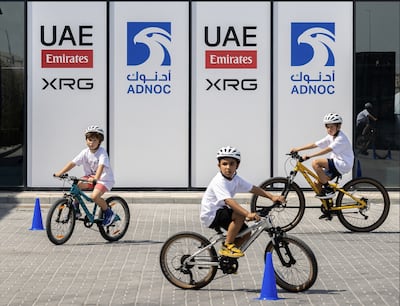 Young cyclists at the launch of the UAE Team Emirates-XRG Academy, powered by Adnoc, at Al Hudayriyat Island in Abu Dhabi. Photo: UAE Team Emirates-XRG