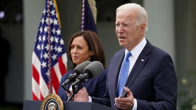 US President Joe Biden, accompanied by Vice President Kamala Harris, speaks at the Rose Garden of the White House in Washington, US, May 13, 2021. Reuters