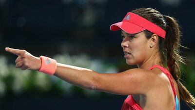 Ana Ivanovic of Serbia reacts in her match against Simona Halep of Romania during day three of the WTA Dubai Duty Free Tennis Championship at the Dubai Duty Free Stadium on February 17, 2016 in Dubai, United Arab Emirates. (Photo by Francois Nel/Getty Images)