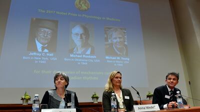 Nobel committee chairwoman Anna Wedell (centre), seen here with committee members Juleen Zierath (left) and Carlos Ibanez, announces the winners of the 2017 Nobel Prize for Physiology or Medicine at the Nobel Forum in Stockholm on October 2, 2017. Jonas Ekstromer / TT via AP