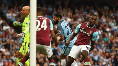 Michail Antonio celebrates after scoring West Ham’s goal. Gareth Copley / Getty Images