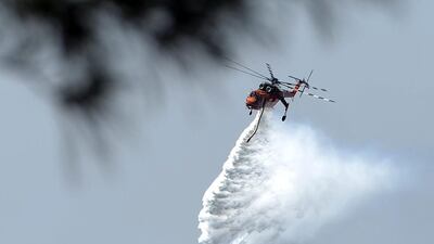 A helicopter drops water to douse bushfires along the Linksview Road near Faulconbridge in the Blue Mountains. Saeed Khan / AFP