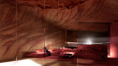The site’s dramatic rock faces are a central focus of the design, as seen in this guest room. Courtesy Jean Nouvel
