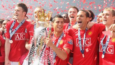 Cristiano Ronaldo celebrates with the Premier League trophy after their triumph in 2008-9 with 90 points. Getty