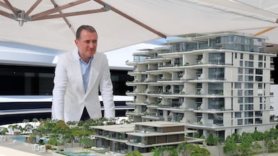 Mahdi Amjad, founder and executive chairman of Omniyat with the model of the ORLA development by Omniyat in Dubai. Pawan Singh / The National