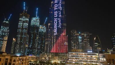 Burj Khalifa lit up in support of the Hope probe. AFP
