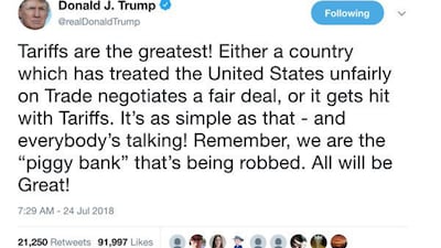 Mr Trump published much of his criticism of the state of international trade on Twitter. @realDonaldTrump