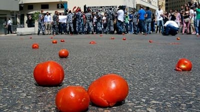 Last Sunday Lebanese protesters pelted lawmaker’s cars in Beirut with tomatoes after a decision to extend the term of the current parliament by 18 months. Hussein Malla / AP Photo