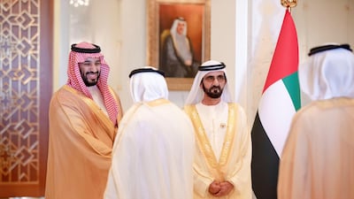Sheikh Mohammed bin Rashid, UAE Vice President and Ruler of Dubai, receives Saudi Crown Prince Mohammed bin Salman at Zabeel Palace. Wam