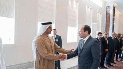Lt General Sheikh Saif bin Zayed, UAE Deputy Prime Minister and Minister of Interior (L), bids farewell to Abdel Fattah El Sisi, President of Egypt (R), at the Presidential Airport. Mohamed Al Hammadi / Crown Prince Court - Abu Dhabi