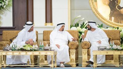 Sheikh Saud bin Saqr Al Qasimi, Ruler of Ras Al Khaimah, Sheikh Humaid bin Rashid Al Nuaimi, Ruler of Ajman, and Sheikh Mohammed bin Rashid speak during an Iftar reception at Mushrif Palace. Mohamed Al Suwaidi / Crown Prince Court — Abu Dhabi