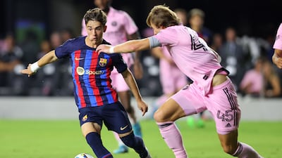 Barcelona midfielder Gavi controls the ball against Ryan Sailor of Inter Miami. Getty