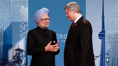 Mr Singh with Canada's then prime minister Stephen Harper at the G20 Summit in Toronto, in 2010. AFP