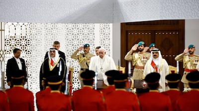 Pope Francis, Bahrain's King Hamad and Crown Prince and Prime Minister Salman bin Hamad attend a welcome ceremony at Sakhir Palace. Reuters
