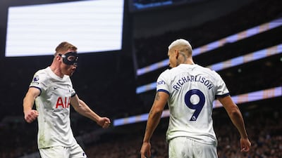 Tottenham Hotspur's Richarlison celebrates scoring their second goal with Dejan Kulusevski. Action Images