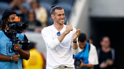 Gareth Bale waves to Los Angeles FC fans before a game against the Los Angeles Galaxy at Banc of California Stadium in July 2022. Getty