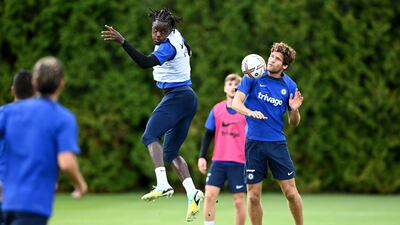 Trevoh Chalobah and Marcos Alonso of Chelsea during training. Getty