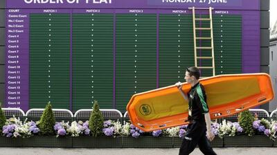 Staff members set up ahead of the Wimbledon Tennis Championships in London, Sunday, June 26, 2016. Ben Curtis / AP Photo