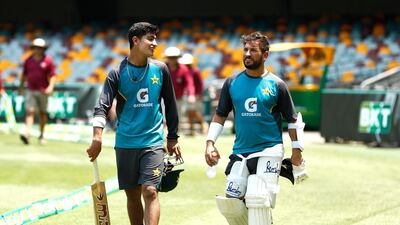 Naseem Shah, left, and Yasir Shah of Pakistan during training at the Gabba ahead of the first Test against Australia. Getty