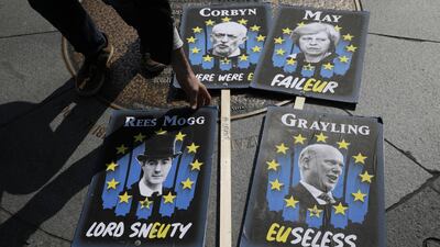Anti-Brexit placards in front of the Houses of Parliament. Goldman says the end is near on Brexit. Getty