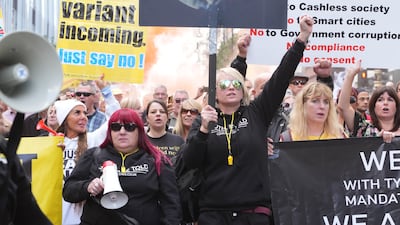 Anti-vaccination protesters join an anti-Ulez rally on Oxford Street in central London last month. PA Wire