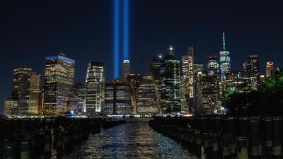 The annual 'Tribute in Light' marking the the 9/11 attacks on the World Trade Centre shines within lower Manhattan's skyline in New York. AFP