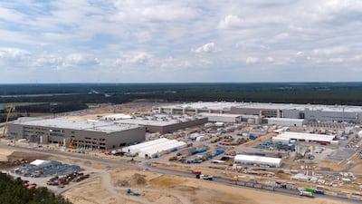 Construction during the expansion of the Tesla factory in Gruenheide, Germany. The $5.4 billion facility has capacity to make 500,000 cars a year. Bloomberg