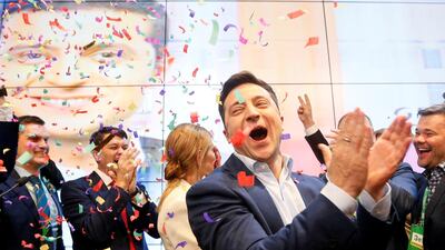 Ukrainian presidential candidate Volodymyr Zelenskiy celebrates at his campaign headquarters in Kiev, Ukraine April 21, 2019. Reuters