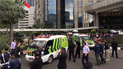 Ambulances are seen following reports of a collapsed structure inside the Indonesian Stock Exchange building in Jakarta, Indonesia, on January 15, 2018. Darren Whiteside / Reuters