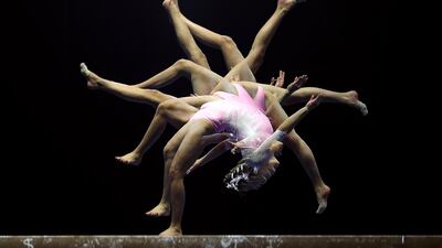 Levi Jung-Ruivivar competes on the balance beam at the 2021 Winter Cup at the Indiana Convention Center in the US, on Sunday, February 28. AFP