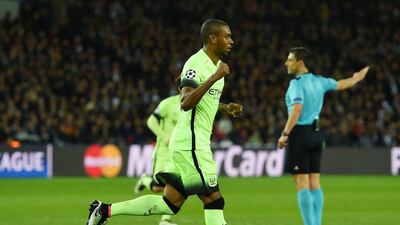 Fernandinho of Manchester City celebrates scoring his team’s second goal during the UEFA Champions League quarter-final first leg match between Paris Saint-Germain and Manchester City at Parc des Princes on April 6, 2016 in Paris, France. (Photo by Shaun Botterill/Getty Images)