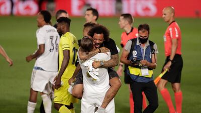 Real Madrid's players celebrate winning the La Liga title at the Alfredo Di Stefano Stadium. AP