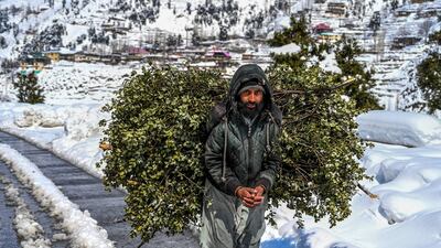 A man carries firewood along a snow-laden road in Kalam, Pakistan. AFP