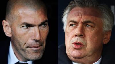 Real Madrid manager Zinedine Zidane, left, and Bayern Munich manager Carlo Ancelotti, right, meet on Wednesday in the Uefa Champions league quarter-finals. Denis Doyle / Getty Images
