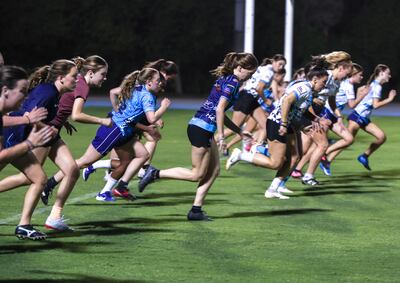 Dubai Sharks players, led by Christelene Steinhobel take part in a training session at Dubai Sports City. Victor Besa / The National
