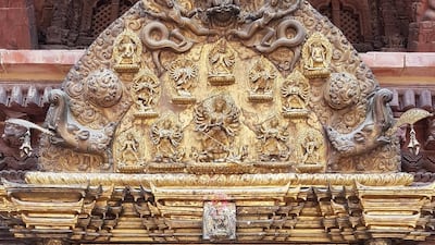 A total of 12 bronze figures were once part the 16th century torona at the south door of Mulchok of the Taleju Bhavani Temple in Patan. The stolen figures were replaced with replicas in 2013. Courtesy Lost Arts of Nepal