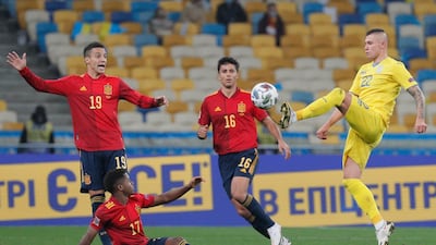 Rodri (C), Rodrigo (L) and Ansu Fati (down) of Spain and Oleksandr Zubkov (R) of Ukraine in action during the UEFA Nations League group stage, league A, group 4 soccer match between Ukraine and Spain in Kiev, Ukraine, 13 October 2020. EPA