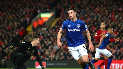 Michael Keane of Everton pulls a goal back at Anfield in the Mersey derby. Getty