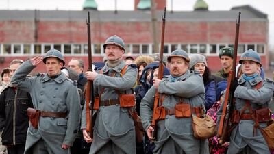 Members of military history clubs wearing World War One French military style uniforms take part in a memorable celebrations in Tsarskoye Selo near St Petersburg, Russia. EPA