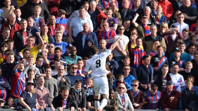 Juan Mata celebrates scoring his penalty kick against Crystal Palace on Saturday for Manchester United. Glyn Kirk / AFP / May 9, 2015
